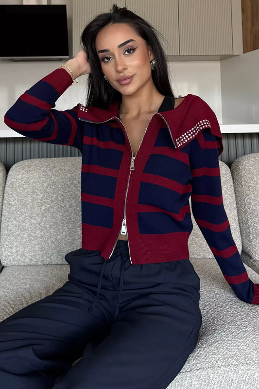 Yaka Detaylı Çizgili Triko Hırka